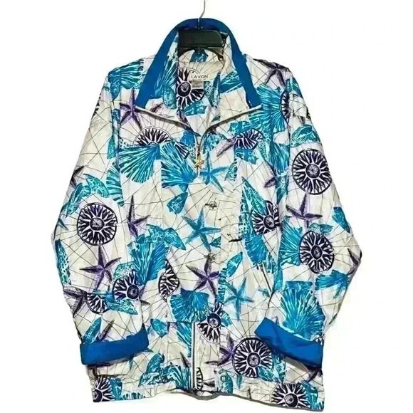 Vintage Lavon 90s Nylon Oversize Zip Up Windbreaker Jacket Beach Starfish Medium - Picture 1 of 8